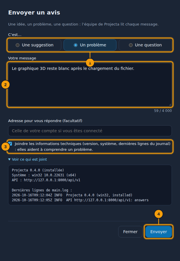 La fenêtre Envoyer un avis