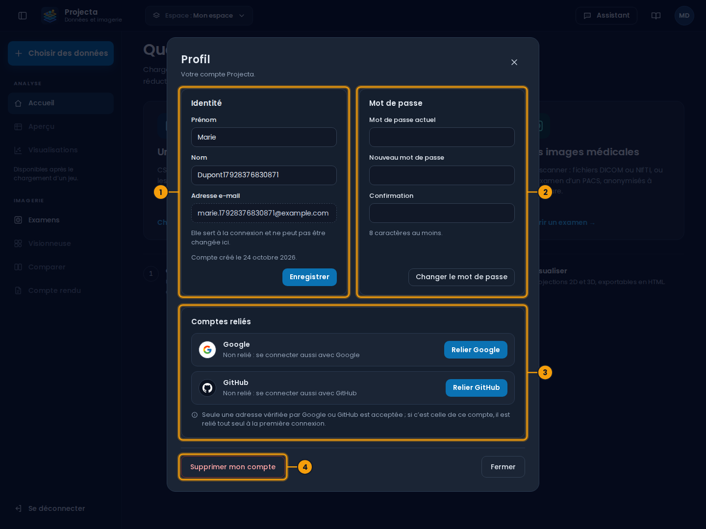 Le profil : identité, mot de passe, comptes reliés