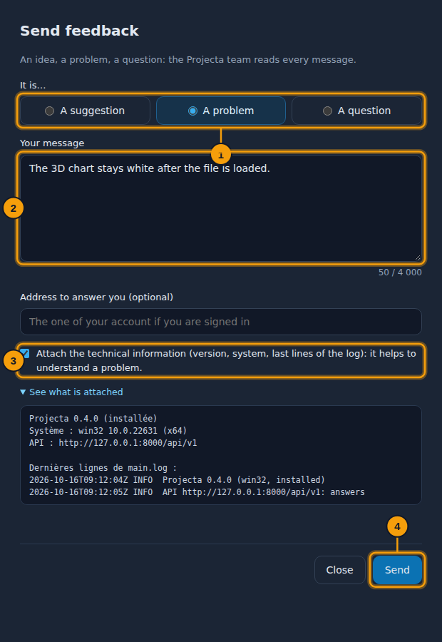 The Send feedback window