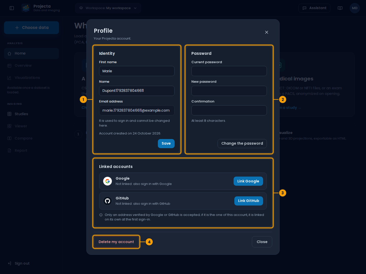 The profile: identity, password, linked accounts